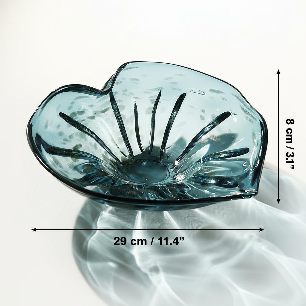 Dimension diagram of the blue glass bowl showing width and height