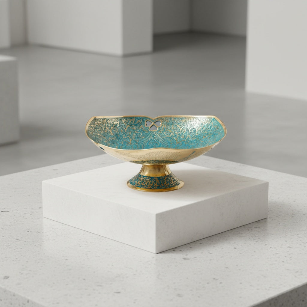 Teal and brass floral etched pedestal bowl with scalloped rim
