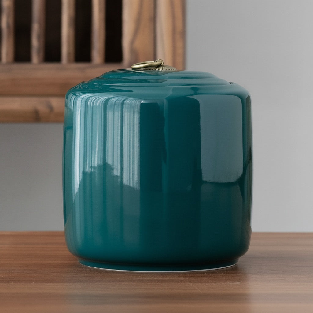 Teal Ceramic Cylindrical Storage Jar