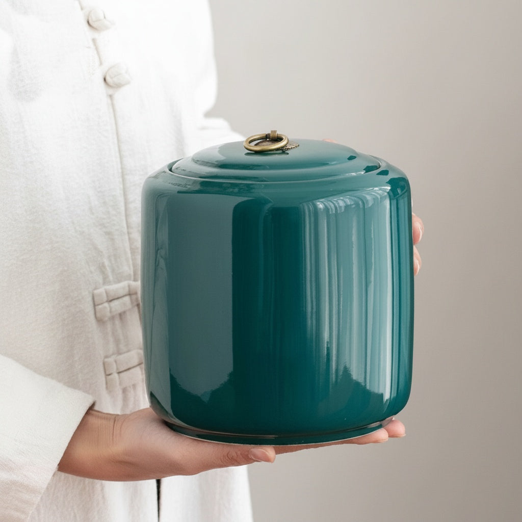Teal Ceramic Cylindrical Storage Jar Held By Person