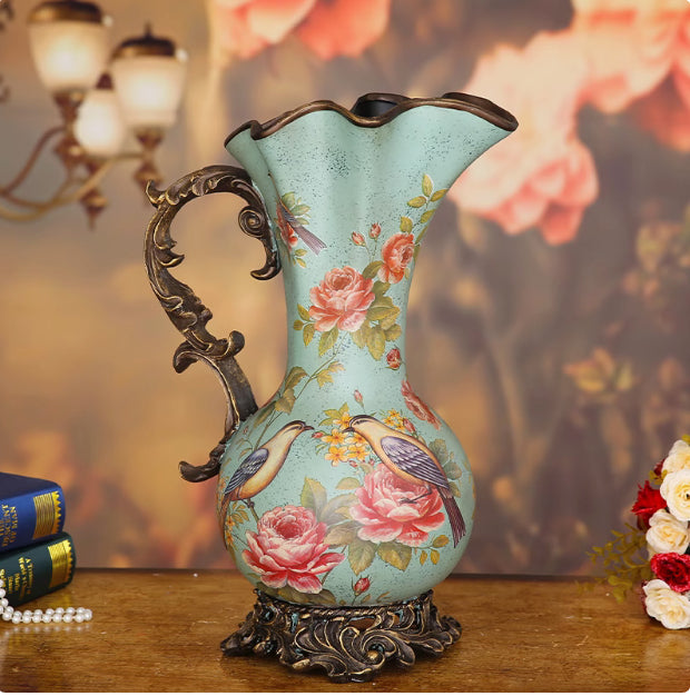 Side angle of ornate bronze handle and painted ceramic details