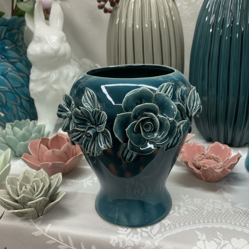 Teal ceramic vase with sculpted floral details