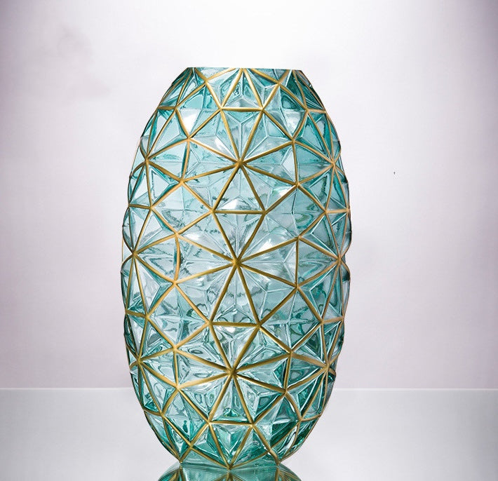 Teal glass geometric vase with gold accents tall view