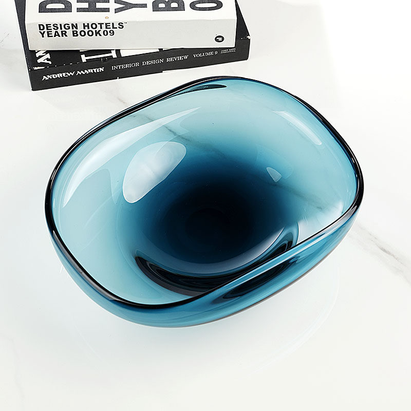 Top down view of deep blue organic glass bowl