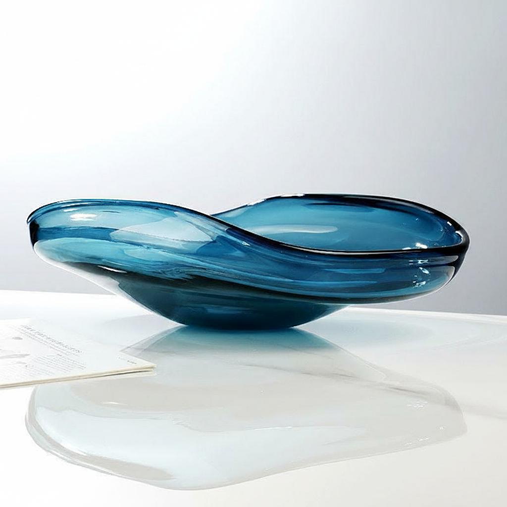 Artistic low angle reflection of blue glass bowl