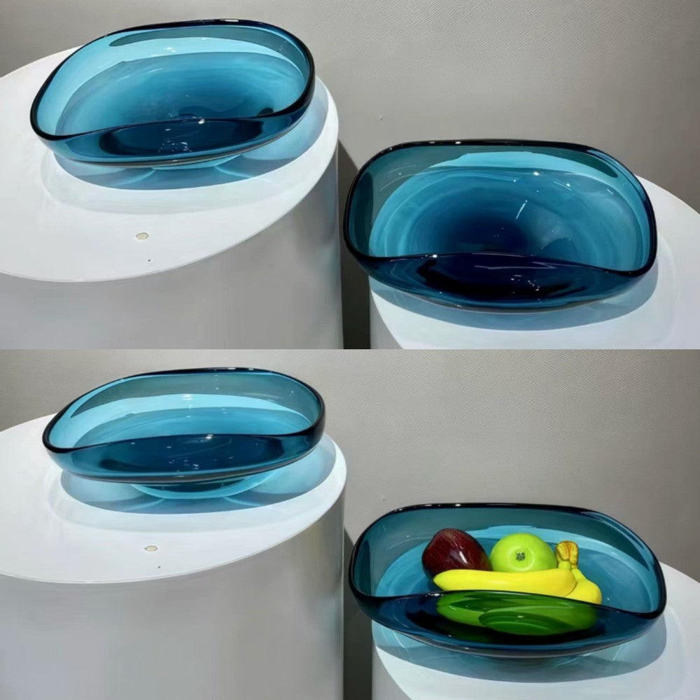 Teal Blue Glass Organic Wavy Centerpiece Bowl