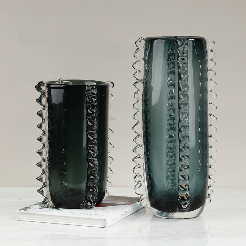 Large and medium teal glass vases with clear scalloped edges