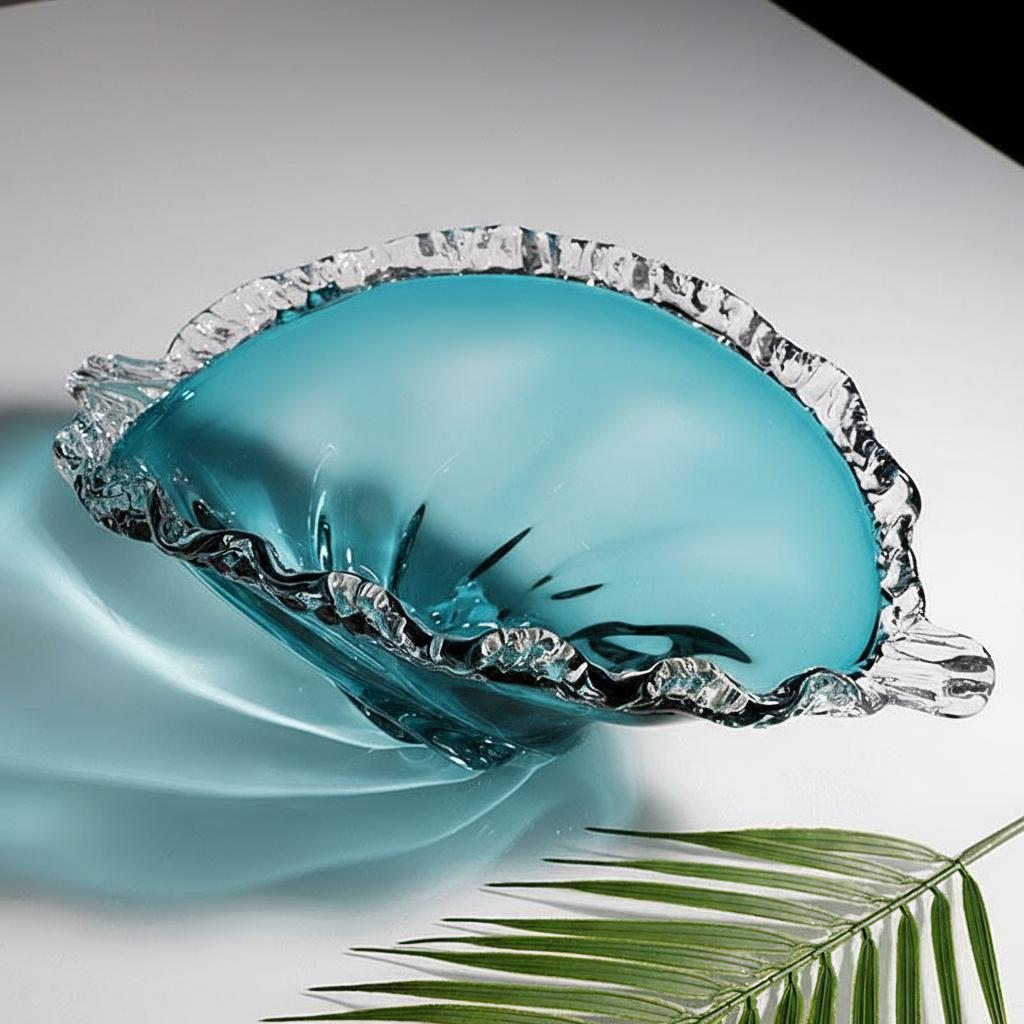 Teal art glass bowl with textured crystal rim