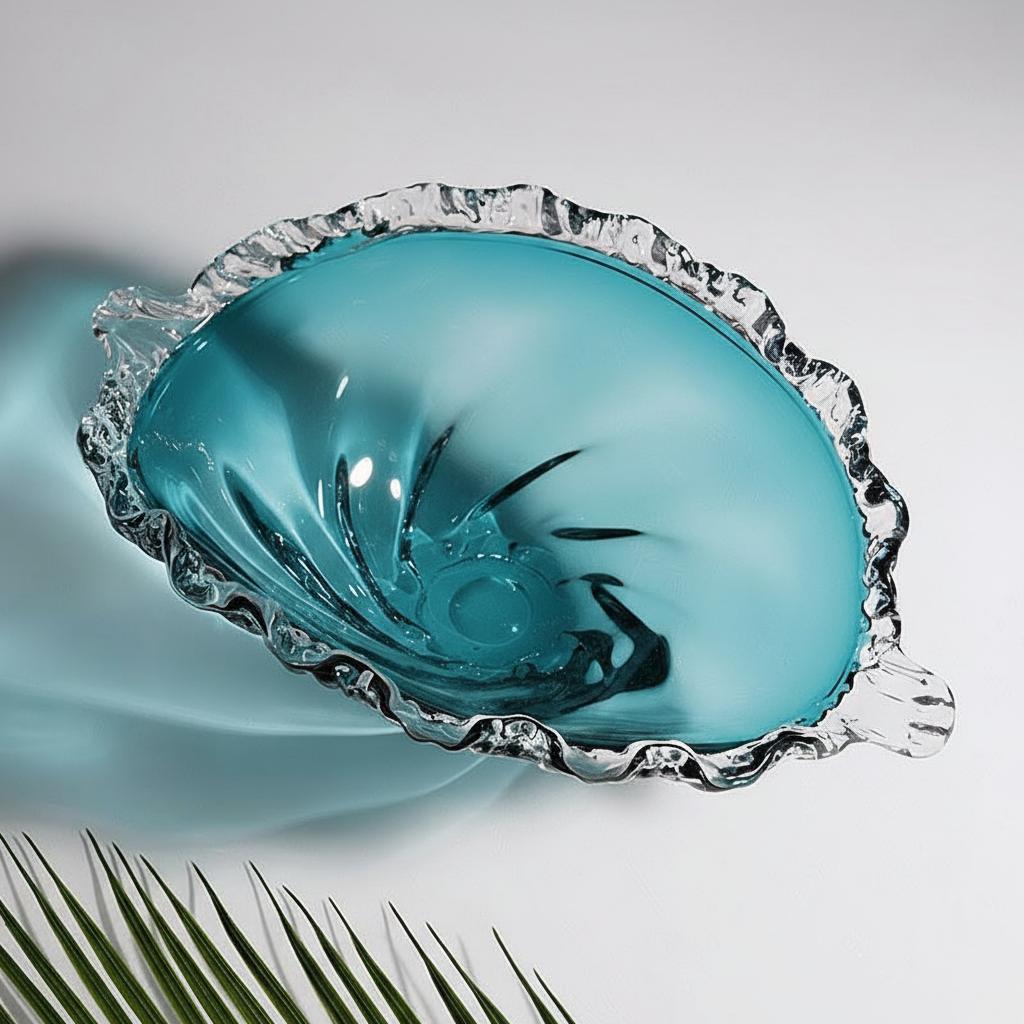 Top view of turquoise glass fruit bowl
