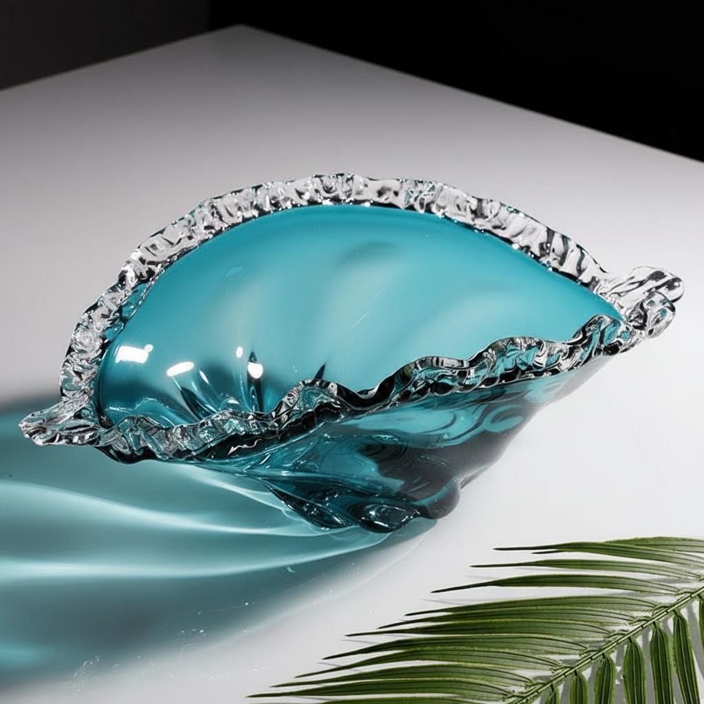 Teal glass decorative bowl in light setting