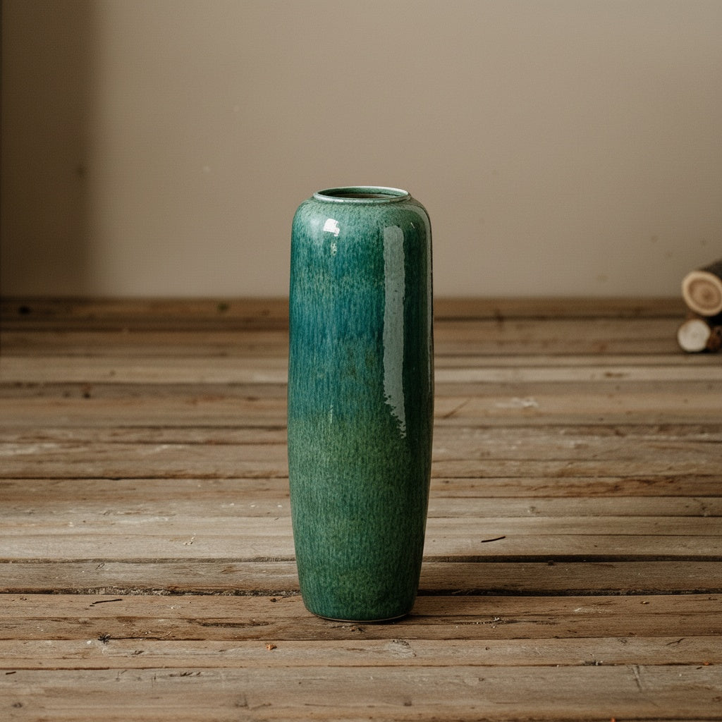 Teal Glazed Ceramic Cylindrical Vase