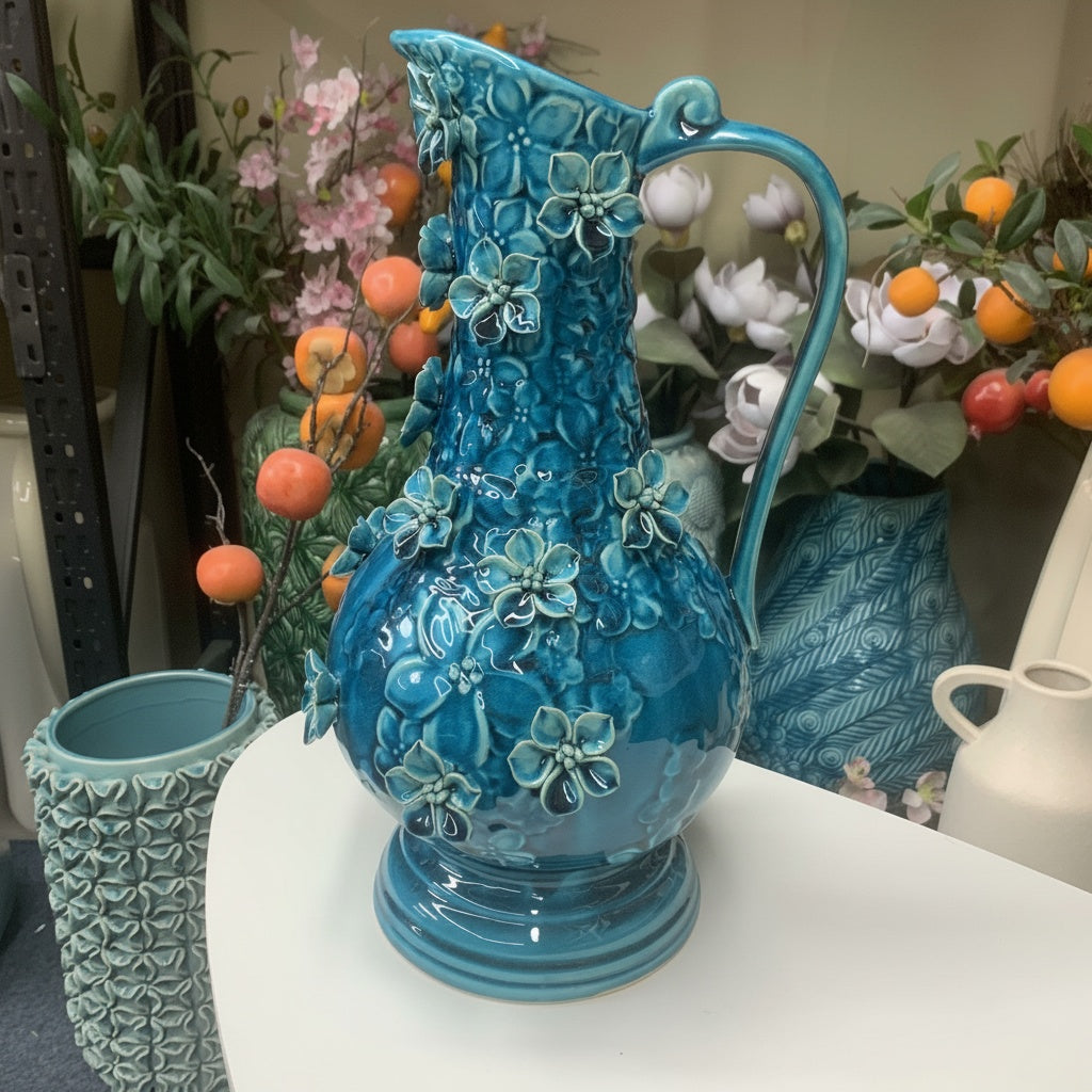 Teal Glazed Ceramic Floral Pitcher Vase