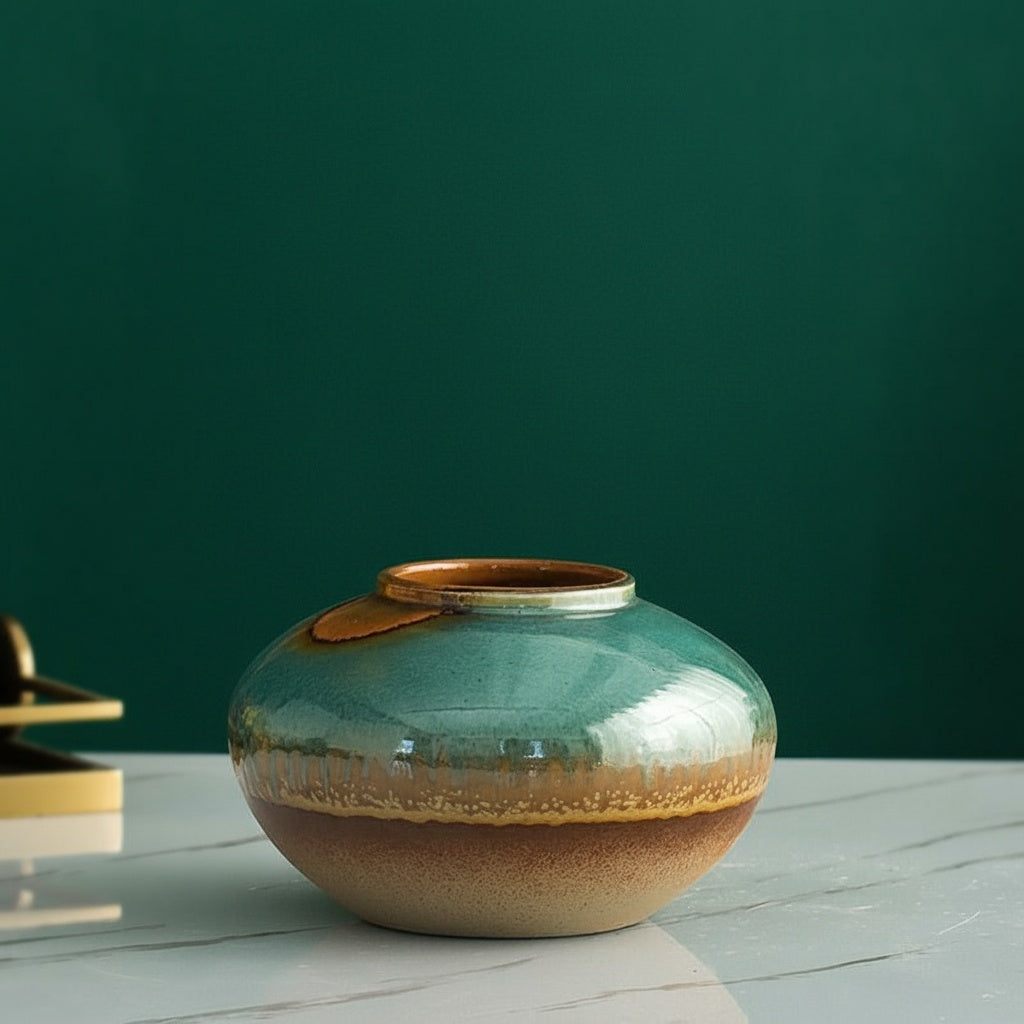 Teal Glazed Ceramic Rounded Vase
