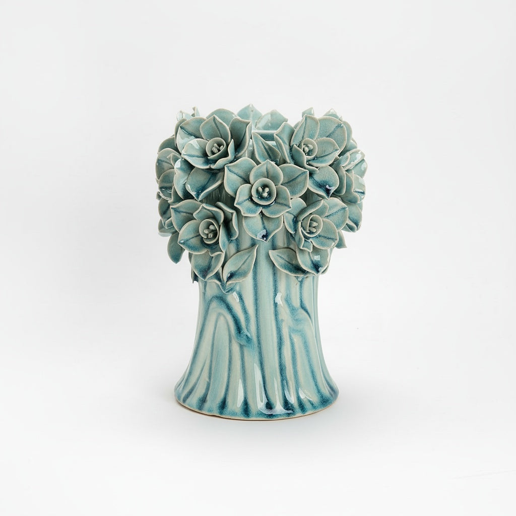 Teal Glazed Ceramic Sculpted Floral Vase