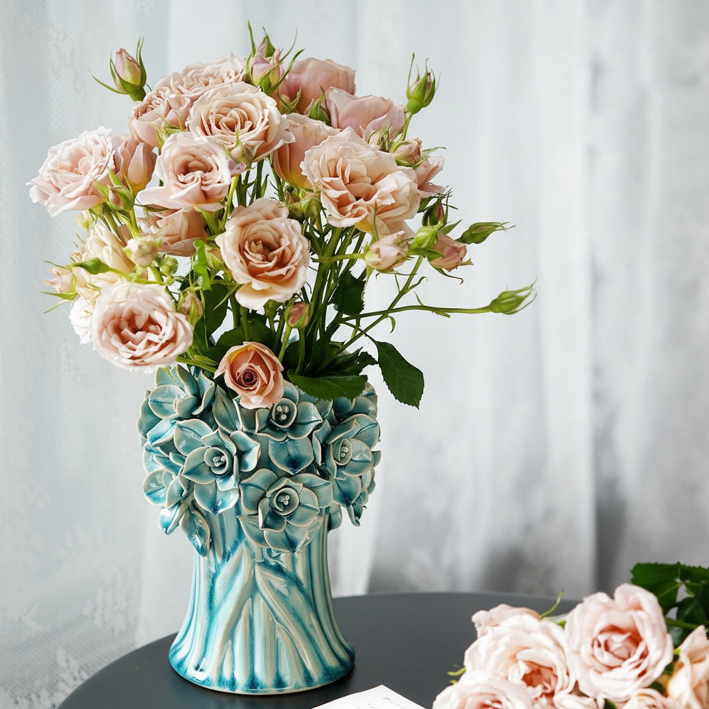 Teal Glazed Ceramic Sculpted Floral Vase