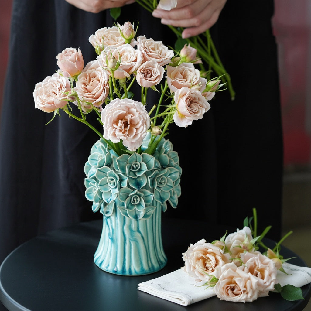 Teal Glazed Ceramic Sculpted Floral Vase