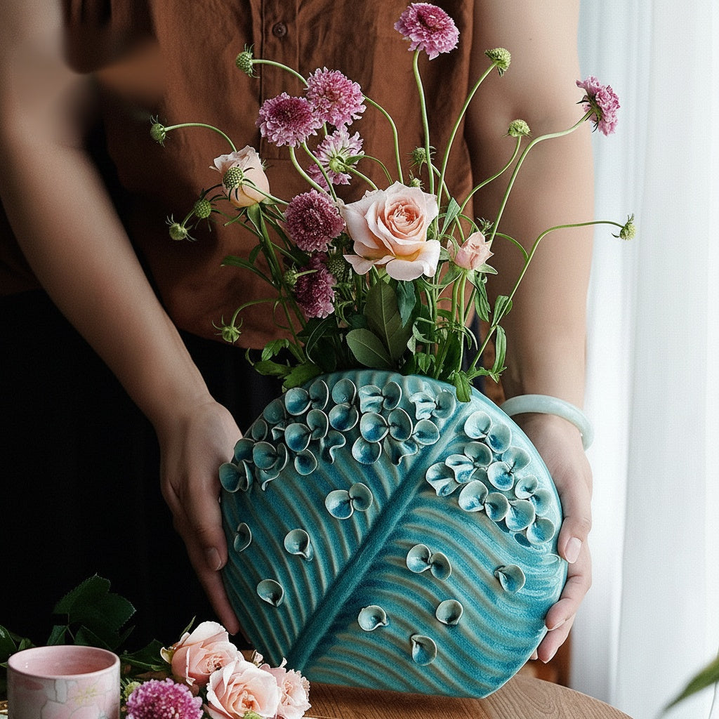 Teal Glazed Ceramic Sculptural Vase Lifestyle