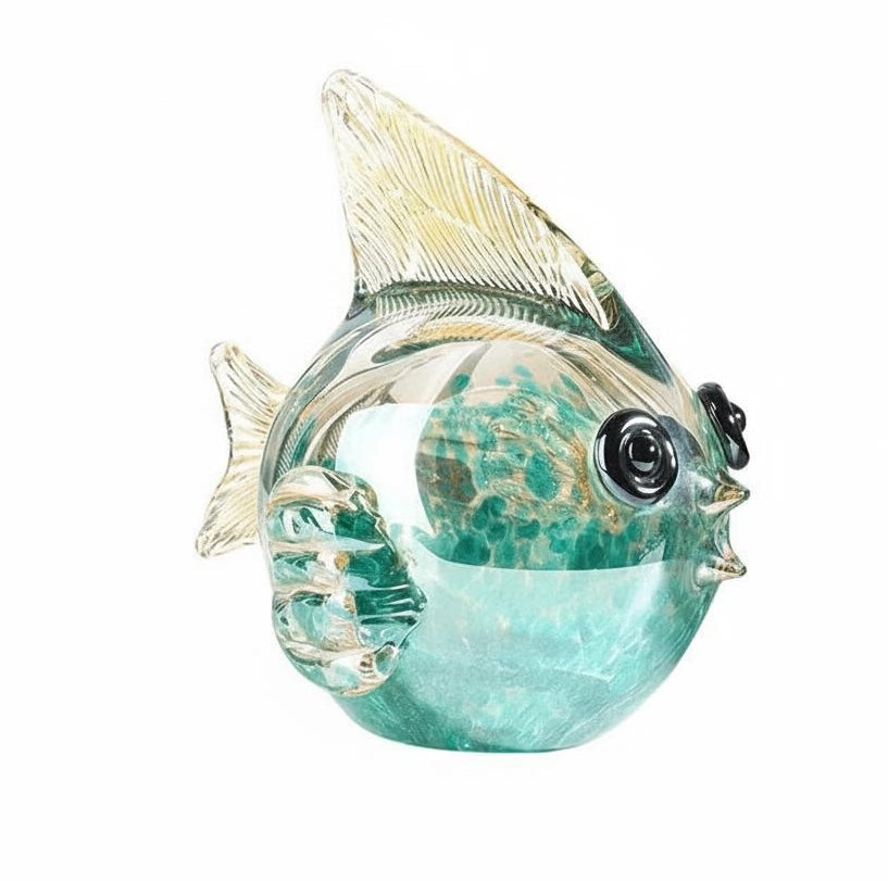 Front angle view of round glass fish sculpture