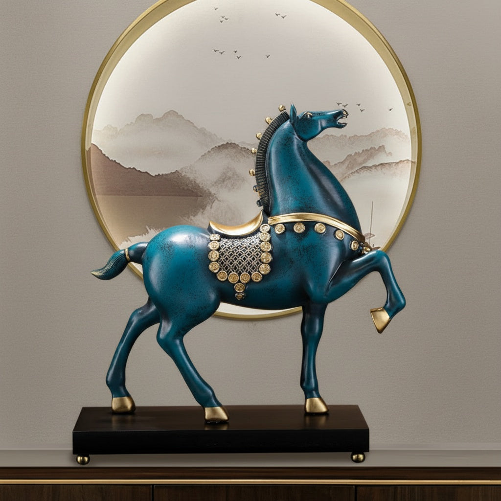 Teal & Gold Resin Prancing Horse Sculpture