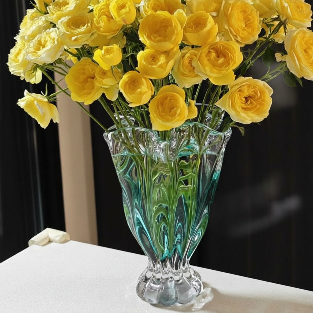 Teal gradient fluted glass vase with yellow roses