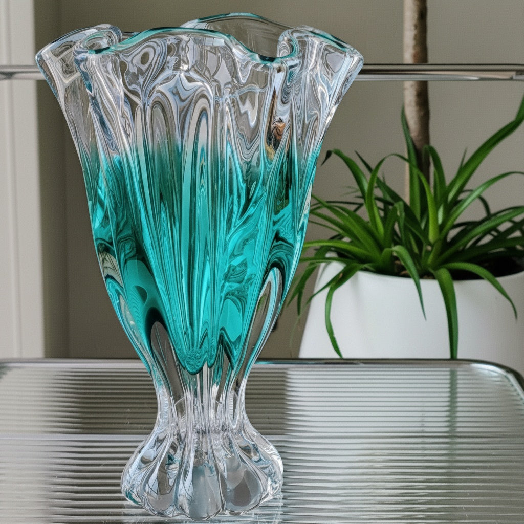 Empty teal and clear ruffled glass vase on table