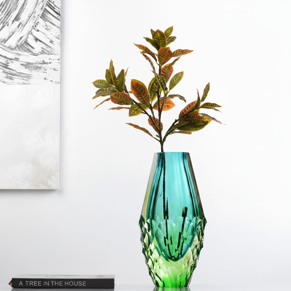 Large and medium geometric glass vases in teal gradient