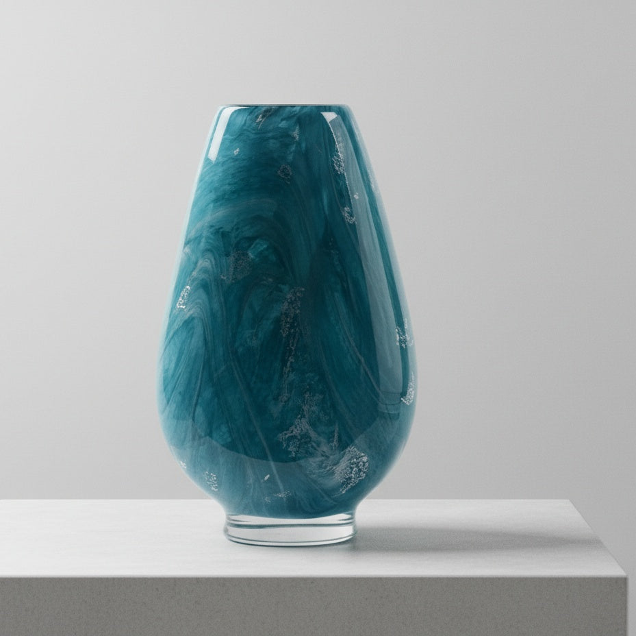 Close up of teal marbled glass teardrop vase pattern