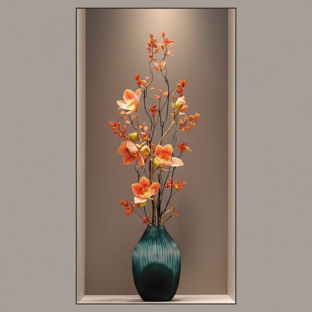 Teal ribbed glass vase with orange magnolia arrangement front view