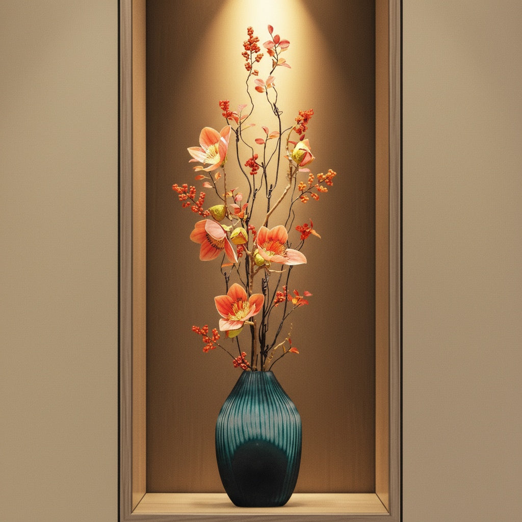 Teal ribbed glass vase with orange magnolia arrangement in illuminated niche