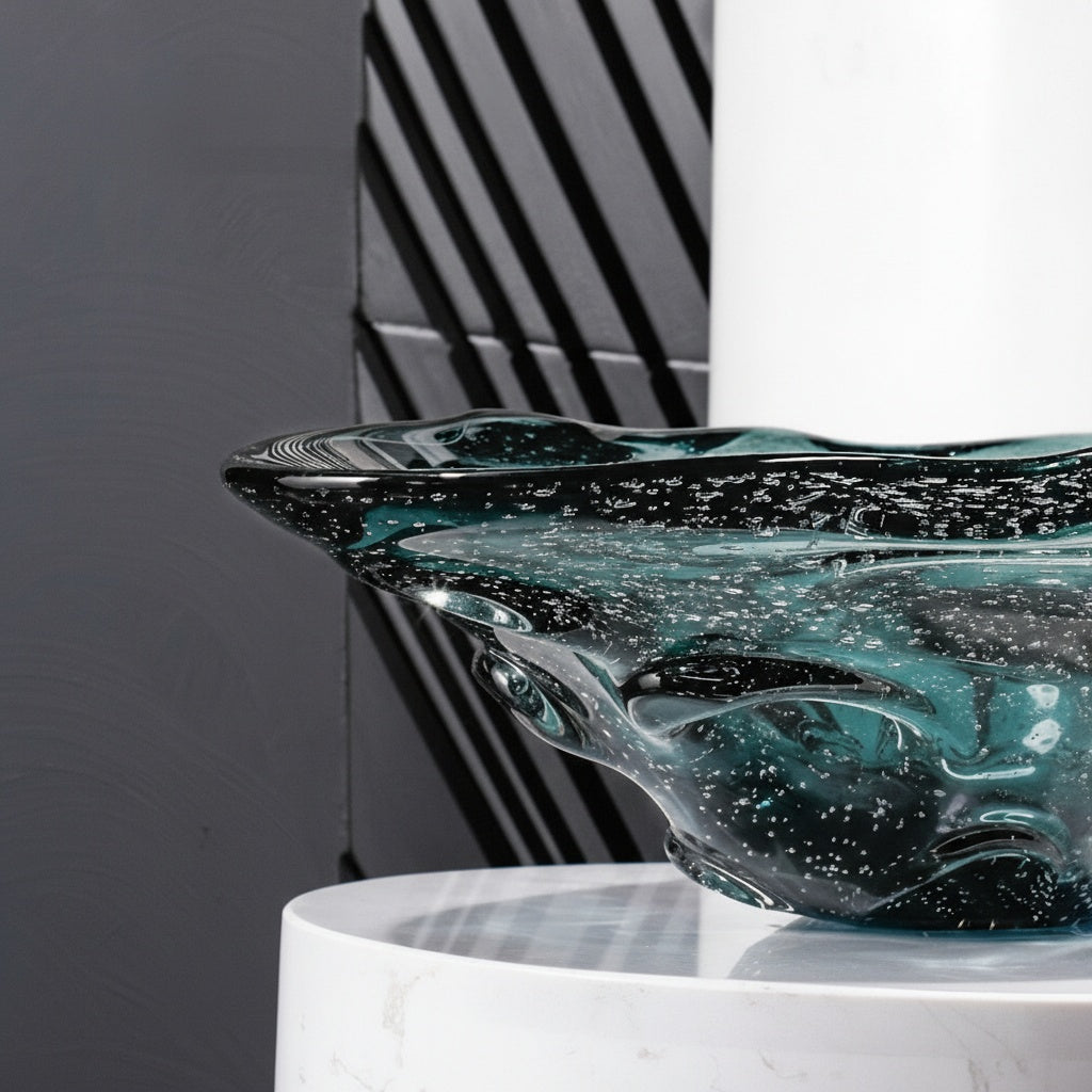 Close up detail of wavy rim and seeded glass texture