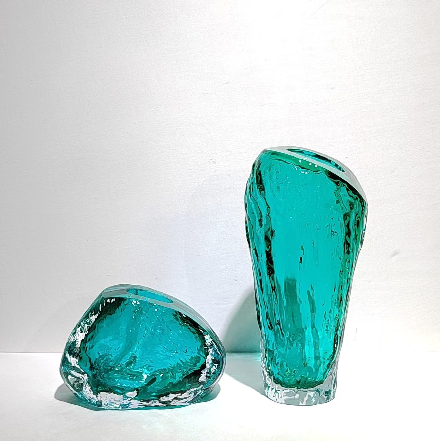 Teal textured glass vase set duo shot