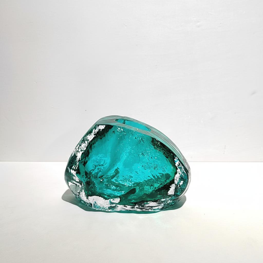 Medium organic teal glass vase front view