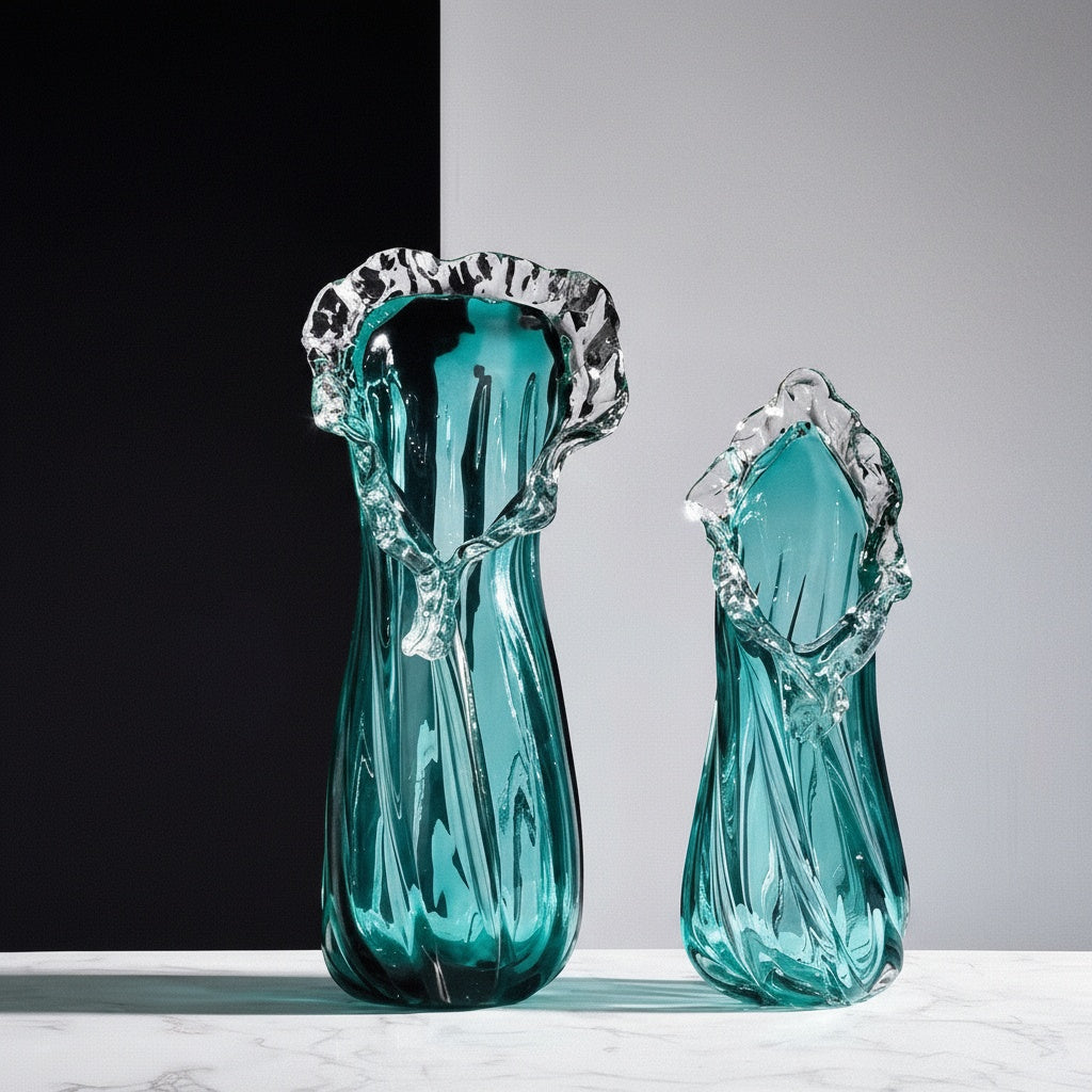 Two teal art glass vases with twisted bodies and ruffled rims side by side