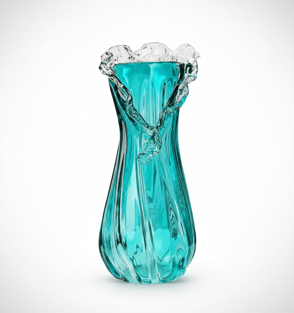 Large teal twisted glass vase with clear wave rim on white background