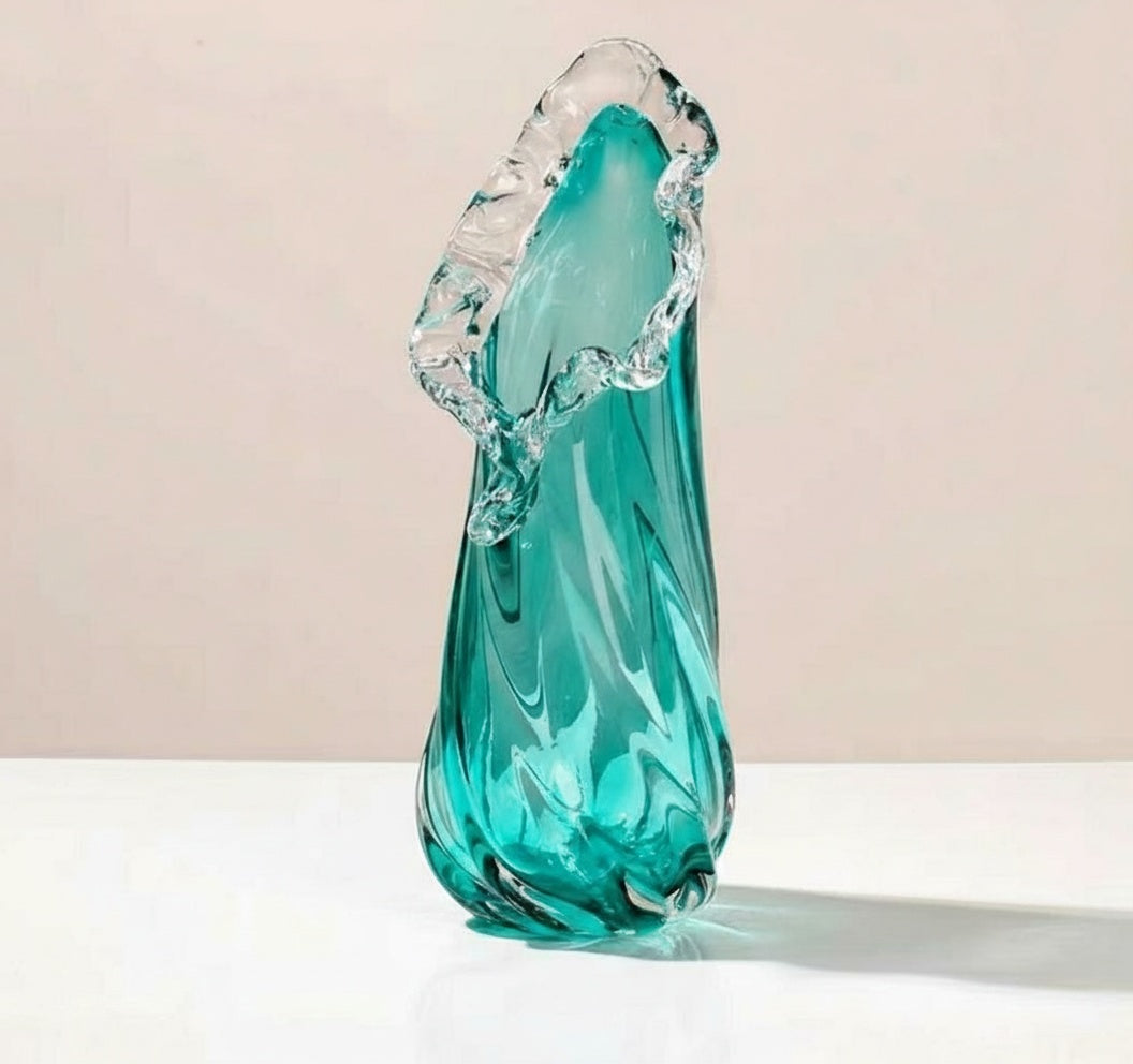 Medium teal twisted glass vase with organic ruffled rim on white background
