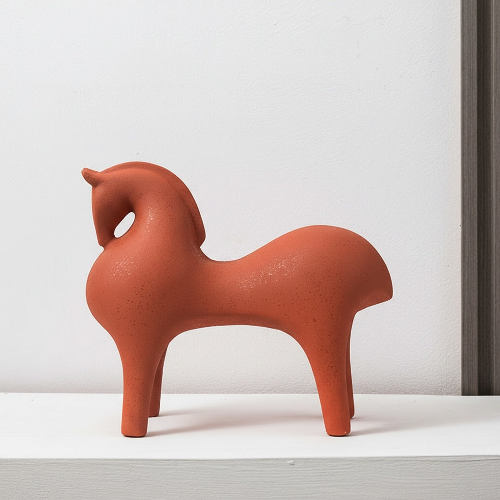 Side view of terracotta textured abstract horse sculpture on shelf
