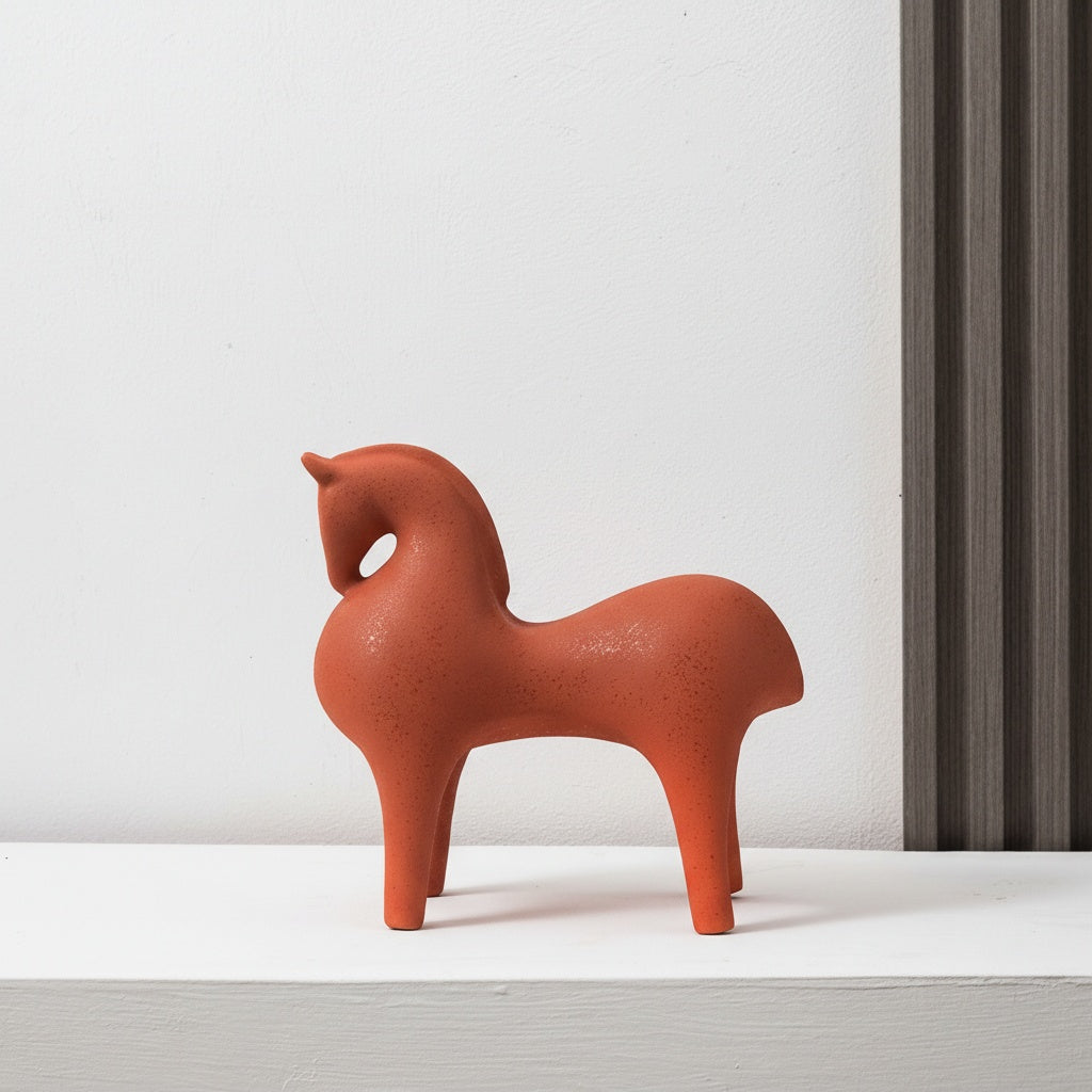 Angled view of orange minimalist horse figurine with textured finish