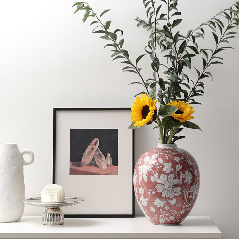 Terracotta and white floral glazed ceramic vase with sunflowers
