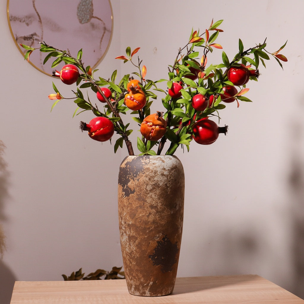Textured Artisanal Ceramic Tall Vase with Pomegranate Branches
