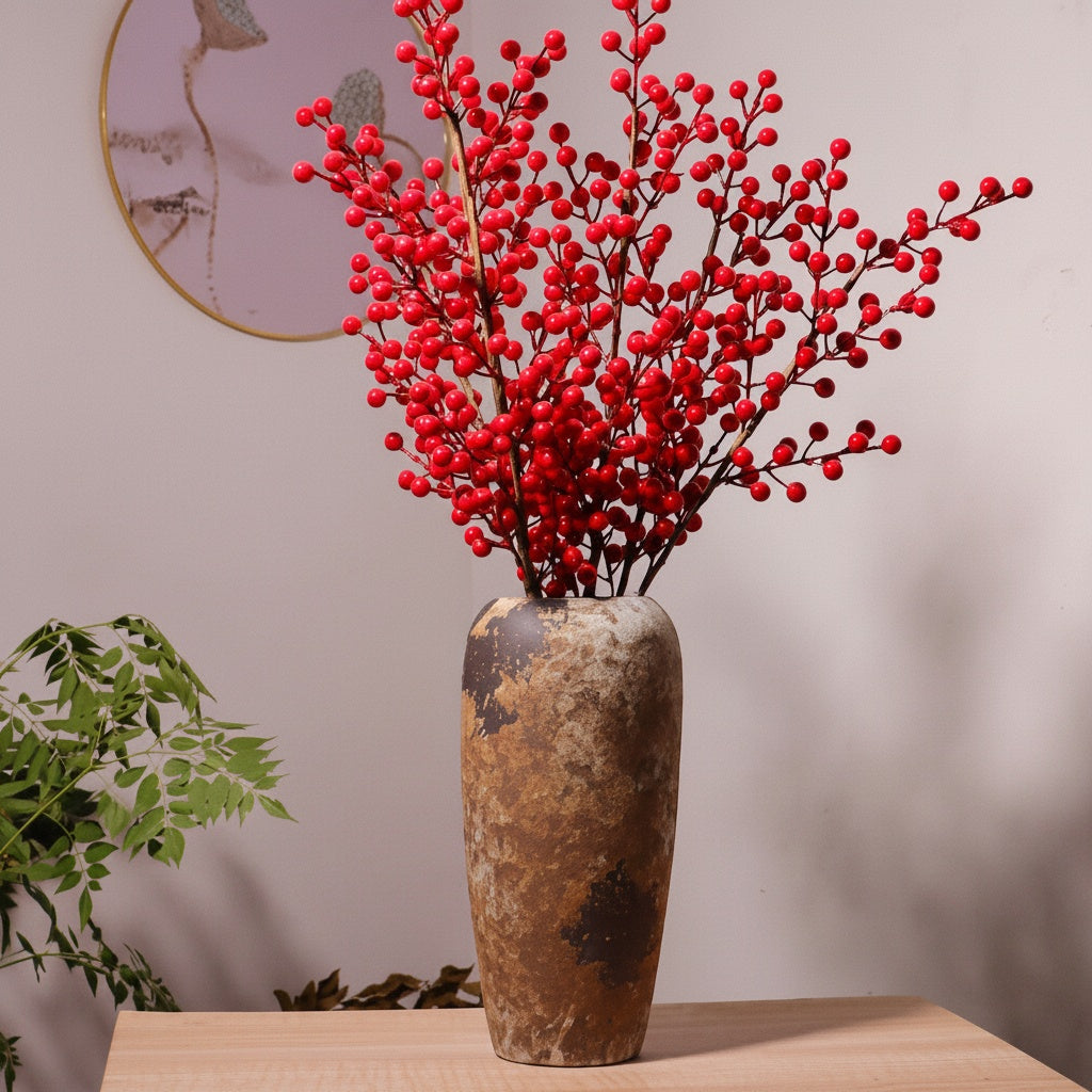 Textured Artisanal Ceramic Tall Vase with Red Berry Branches