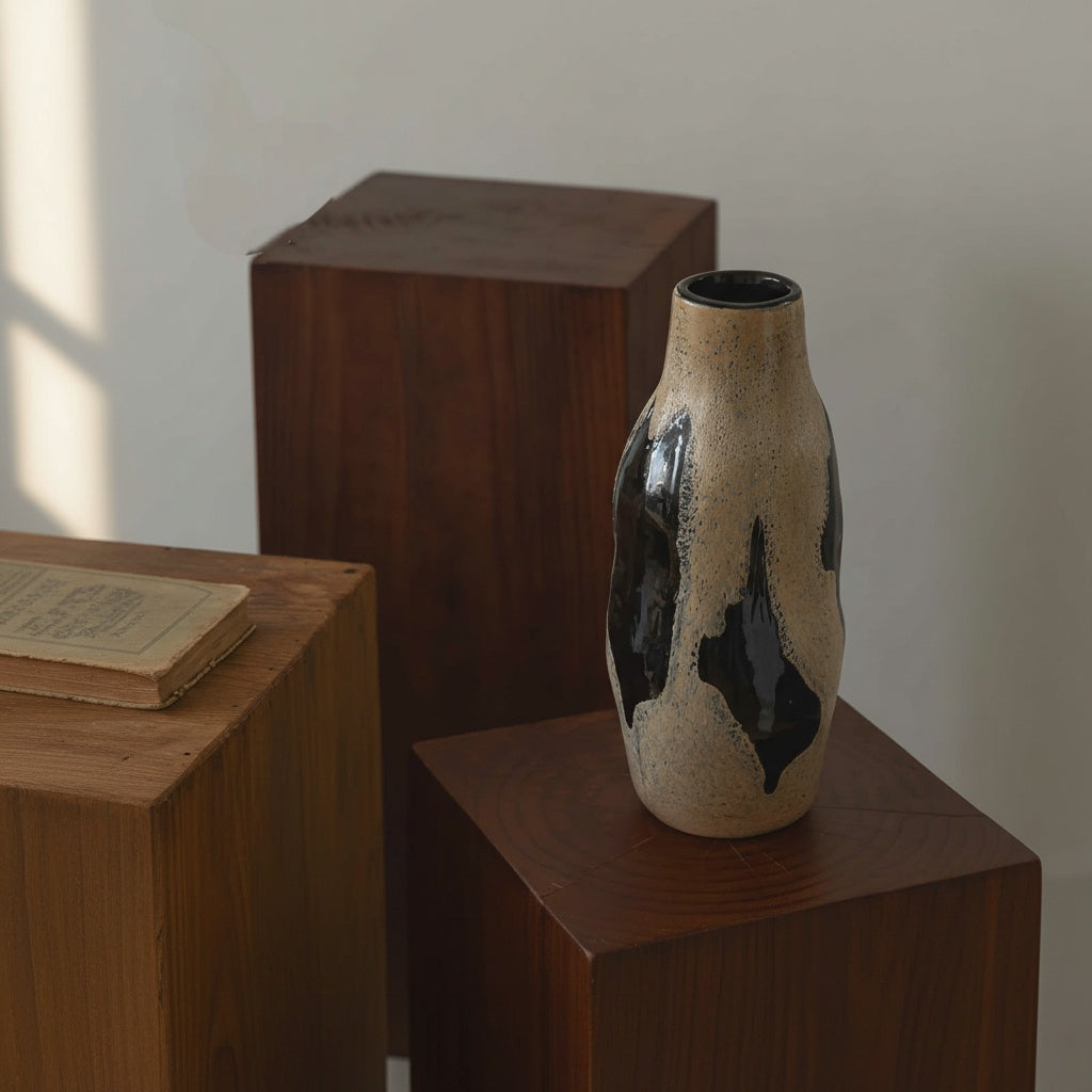 Detail of glossy black accents on rough beige glass vase