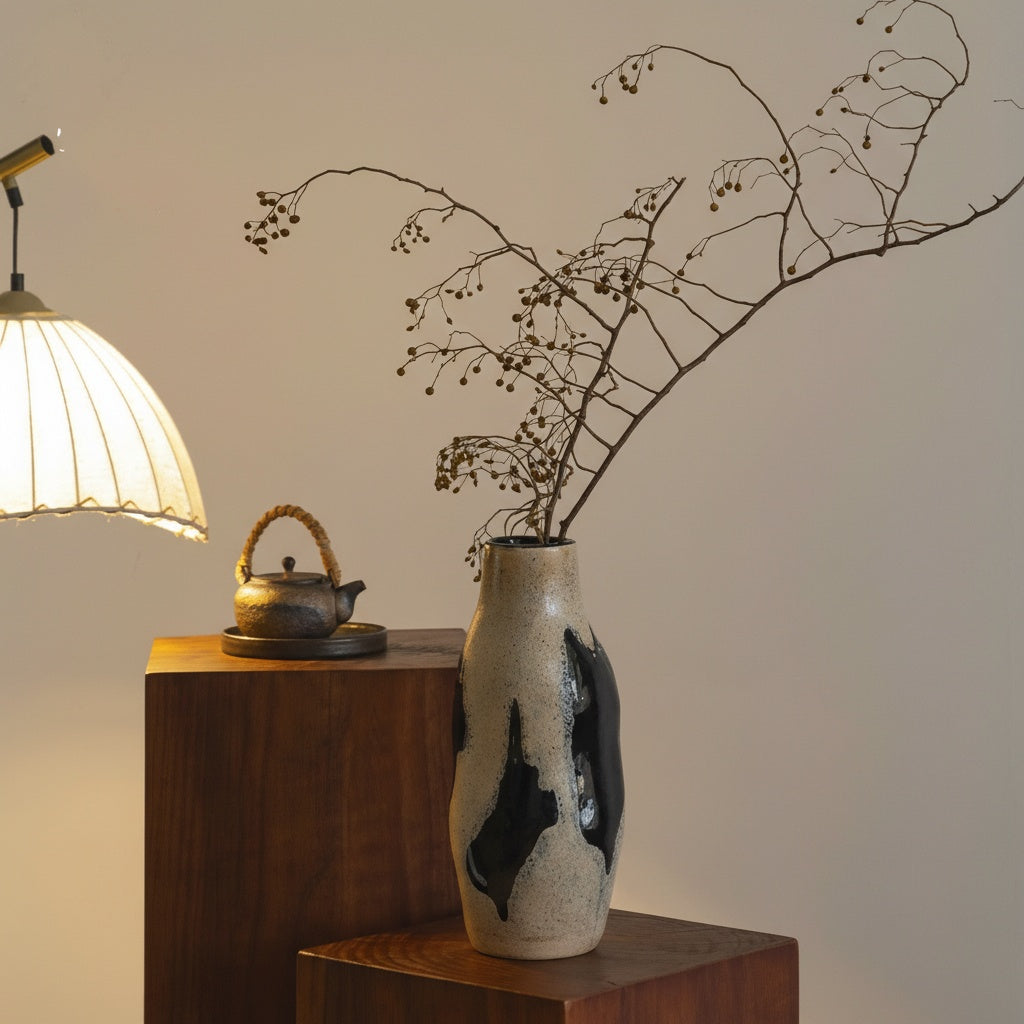 Organic shaped art glass vase styled on wooden pedestal