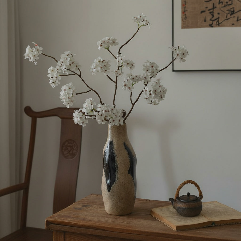 Beige and black textured vase with white flowers in room setting