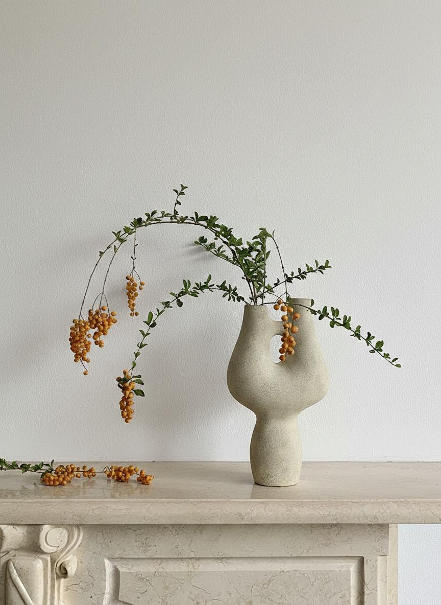 Textured beige ceramic sculptural vase with organic double neck design styled with branches