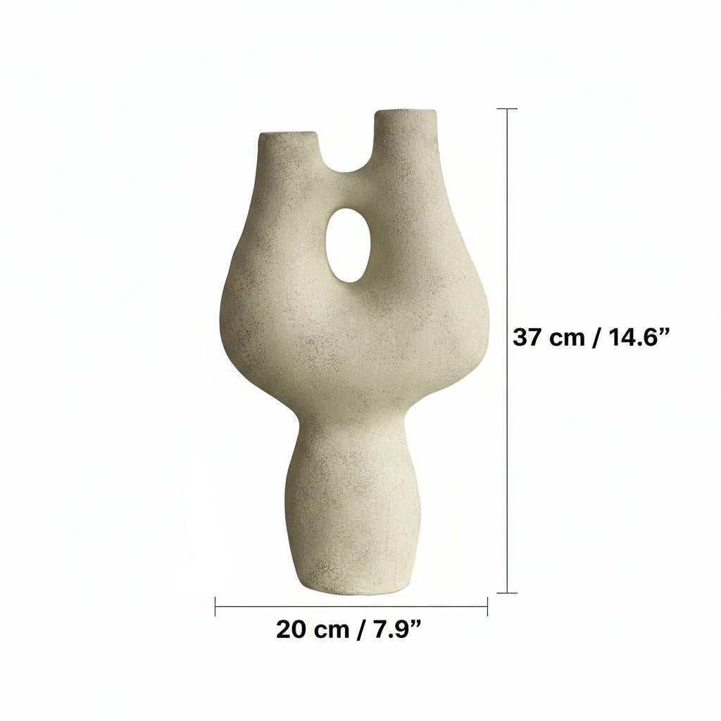 Dimensions diagram of the textured beige ceramic sculptural vase