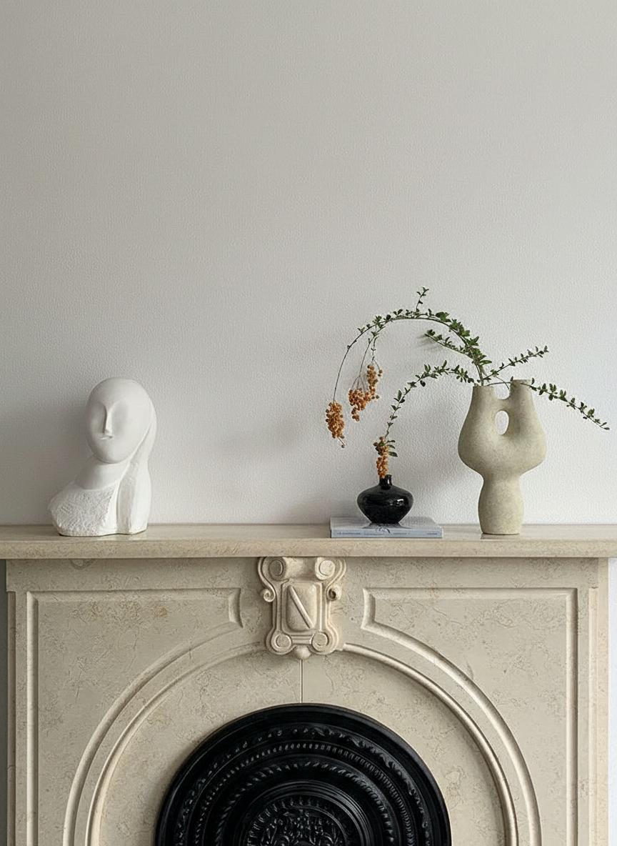 Wide shot of beige ceramic vase on a mantelpiece next to a bust sculpture
