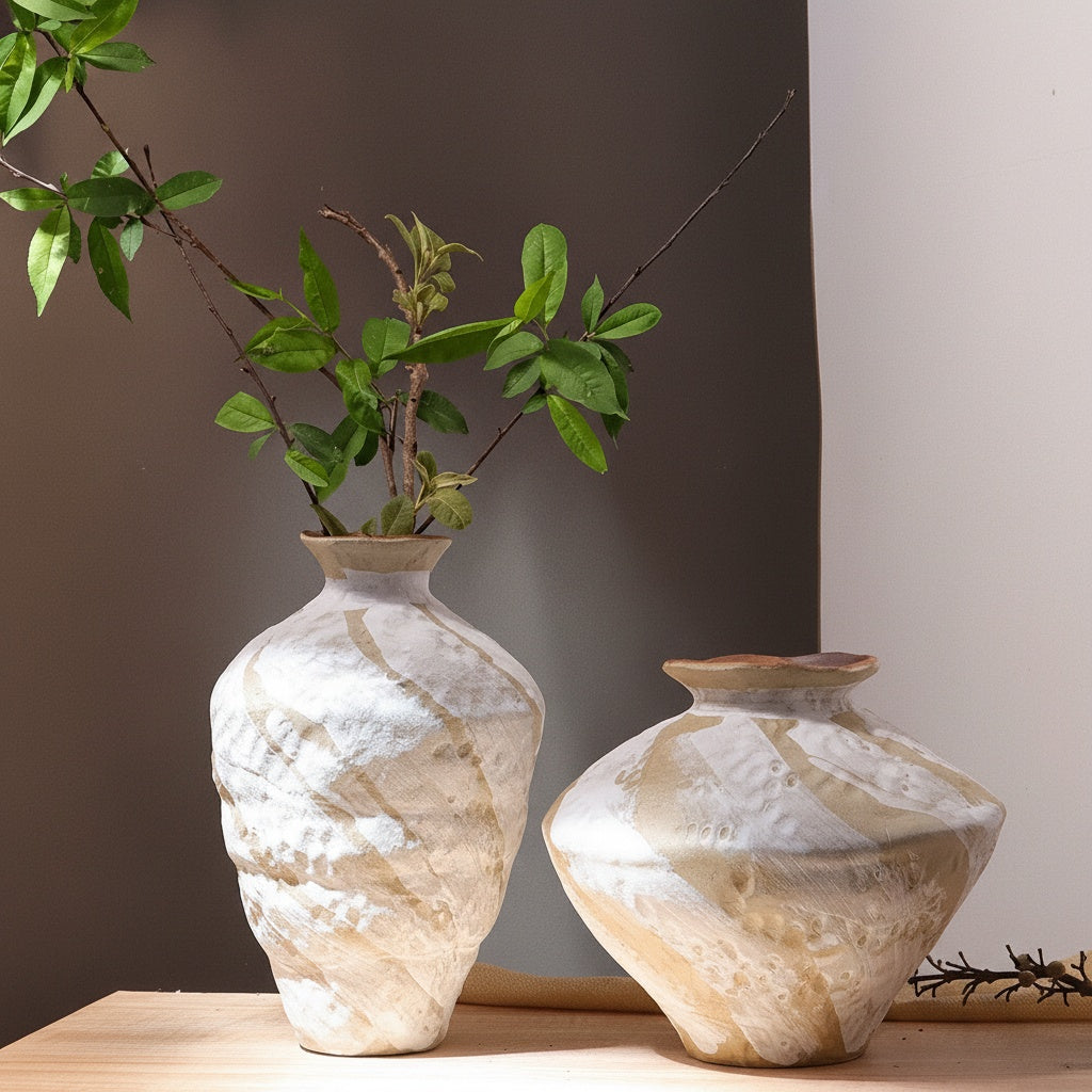 Textured beige ceramic vase with dried orange botanicals