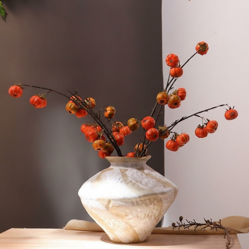 Medium beige ceramic vase with pumpkin stick branches