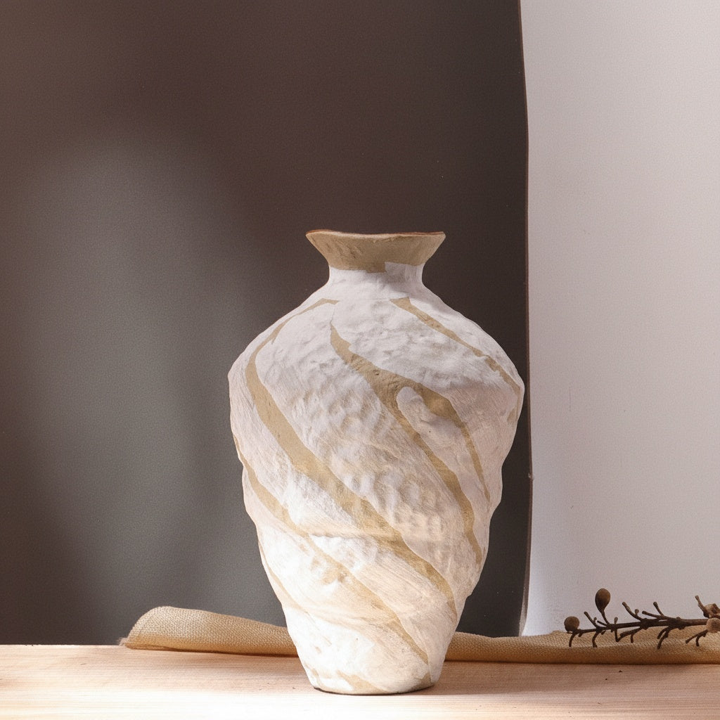 Large textured ceramic vase with swirled white pattern