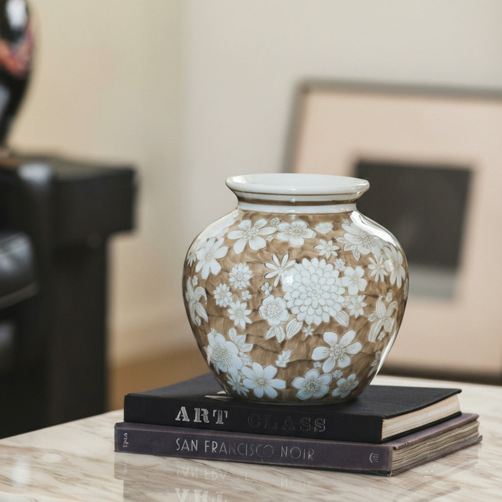 Textured beige ceramic vase on coffee table books